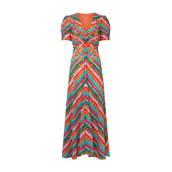 SALONI Dresses & Skirts - PREOWNED $795 SALONI LEA RAINBOW STRIPED FLORAL PRINT SILK MIDI DRESS US SIZE 12